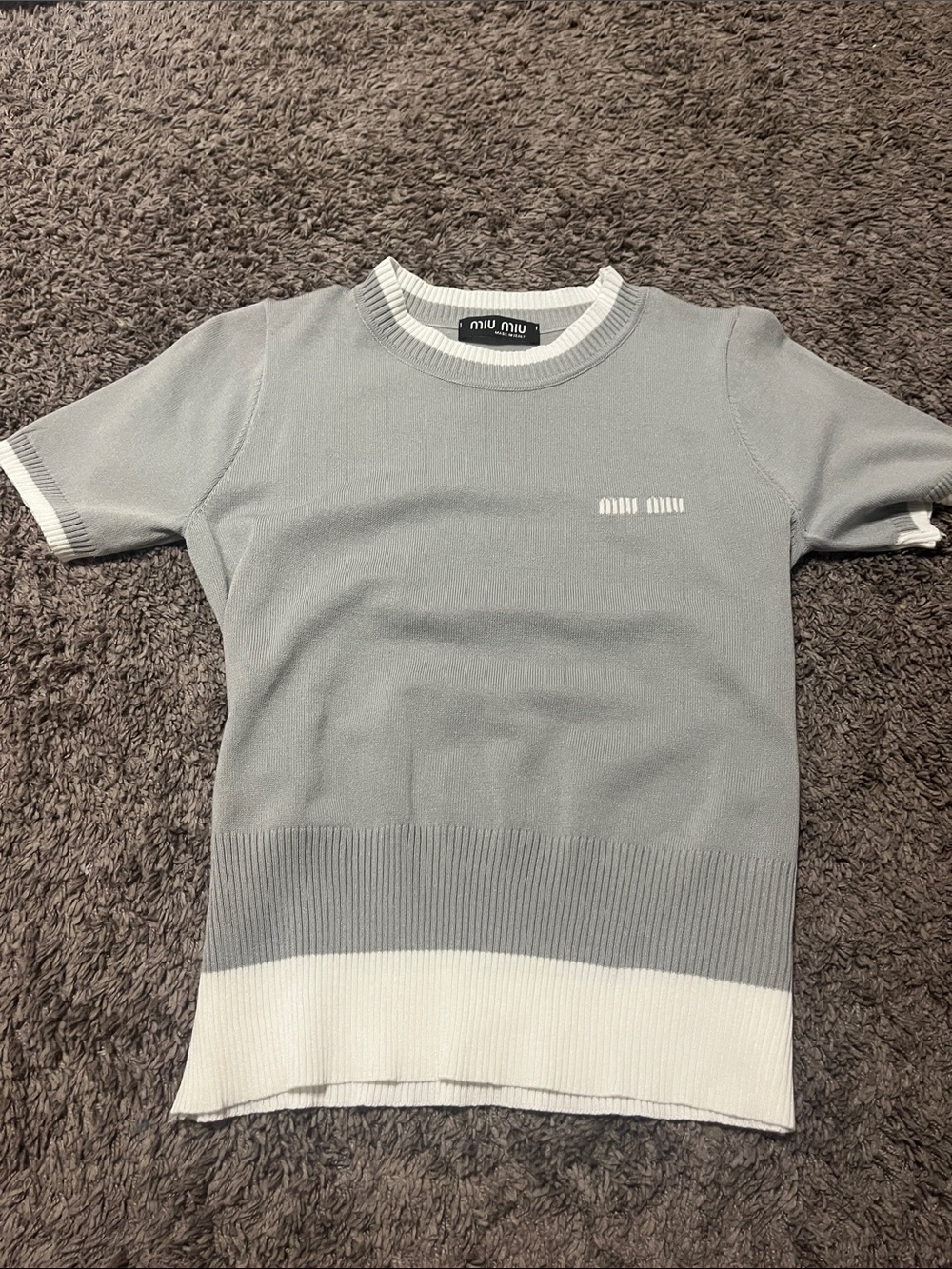Miu Miu Grey Short-Sleeve Knit Top with White Trim